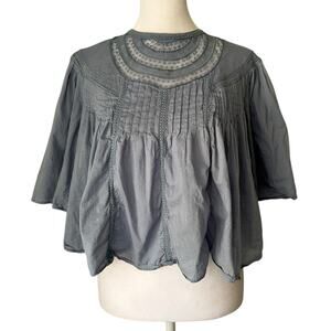 Rebecca Taylor blue short sleeve embroidered peasant top size S